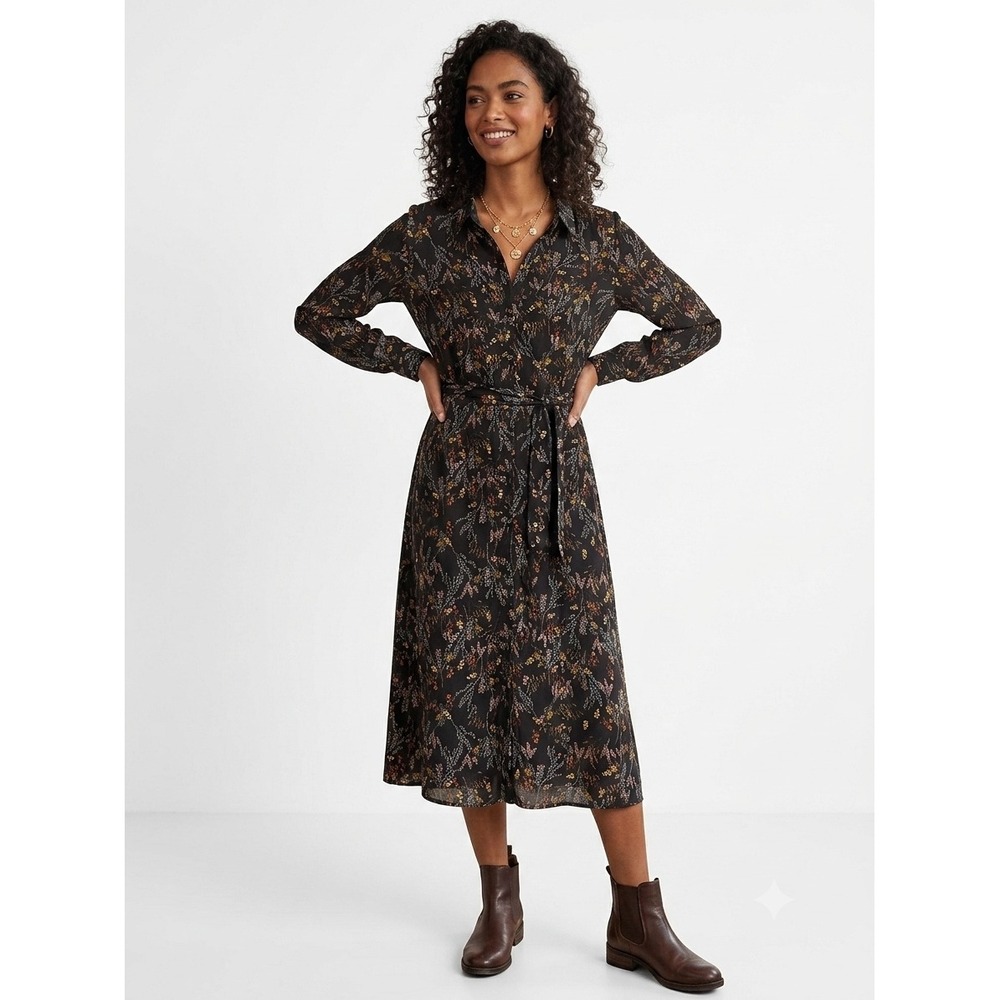 DR2 by Daniel Rainn Black Floral Long Sleeve Midi Shirt Dress Large